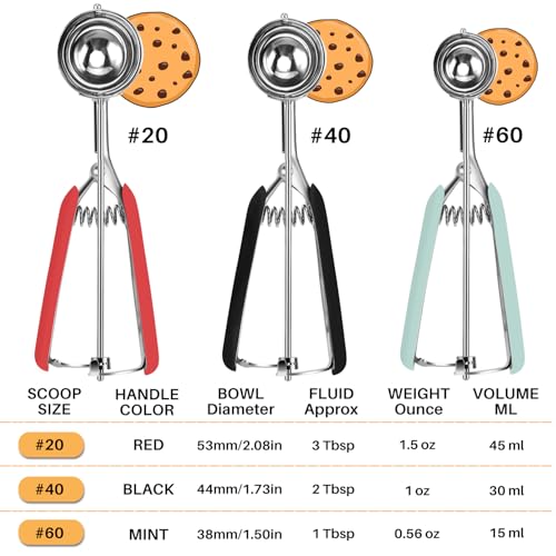 JUNADAEL J Cookie Scoop Set, Cookie Scoops for Baking Set of 3, Cookie Dough Scoop, 1 Tablespoon/ 2 Tablespoon/ 3 Tablespoon, Red/Black/Mint Handle, For Cookie Cupcake Muffin Ice Cream Truffles - Image 2
