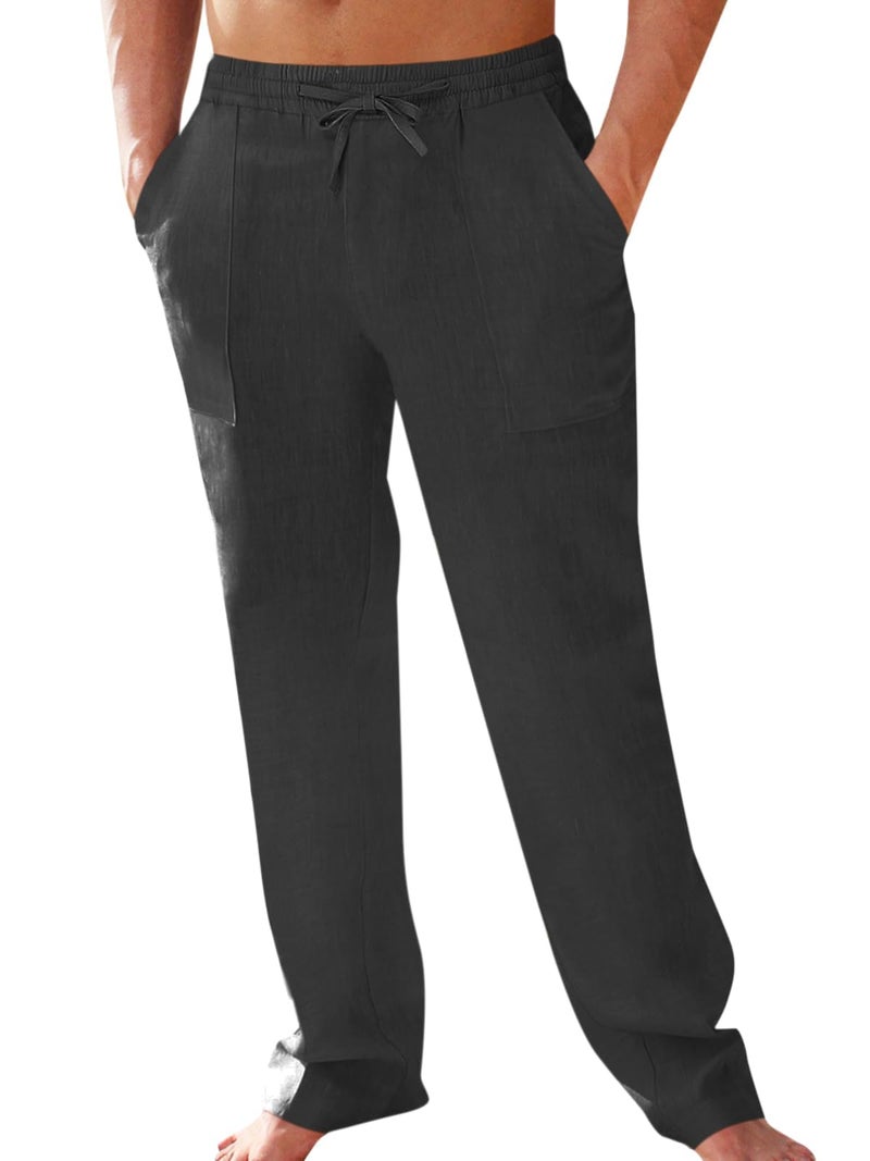 PASLTER Men's Cotton Linen Pants Elastic Waist Drawstring Casual Trouser Lightweight Straight-Legs Loose Beach Yoga Pants Black - Image 1