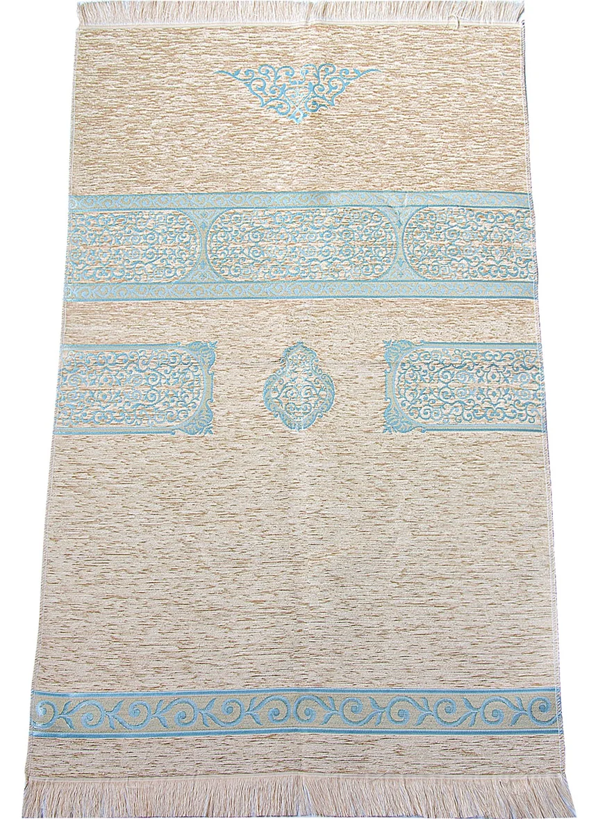 İhvan Online Kaaba Patterned Cream Chenille Prayer Rug - Blue