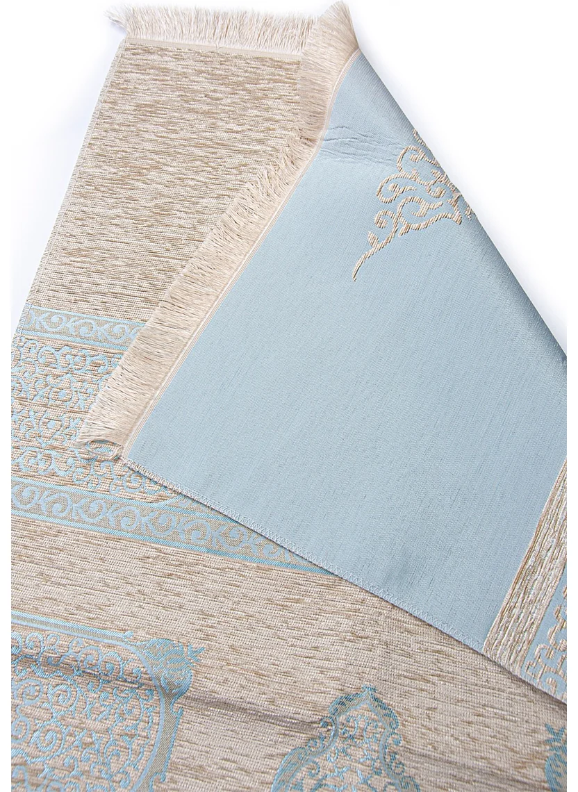 İhvan Online Kaaba Patterned Cream Chenille Prayer Rug - Blue
