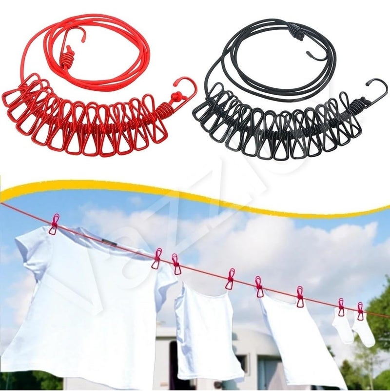 VazzLox Cloth Drying Rope with Hooks (Pack of 2) Elastic Cloth Hanging Rope for Cloth Drying with 12 Clips Cloth Rope for Drying Clothes for Travel Home Outdoor Kapde Sukhane ki Rassi Wire -Multicolor - Image 1