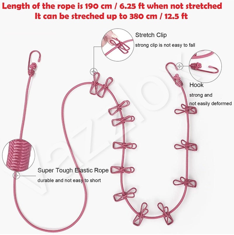 VazzLox Cloth Drying Rope with Hooks (Pack of 2) Elastic Cloth Hanging Rope for Cloth Drying with 12 Clips Cloth Rope for Drying Clothes for Travel Home Outdoor Kapde Sukhane ki Rassi Wire -Multicolor - Image 2
