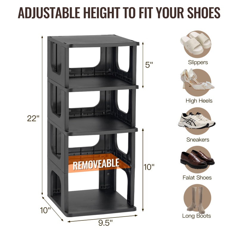 TRZZ 5-Tier Small Shoe Rack, Vertical Narrow Stackable Organizer with Removable Partition, Efficient Shoe Storage for Closet, Entryway, and Small Spaces (Black) - Image 3
