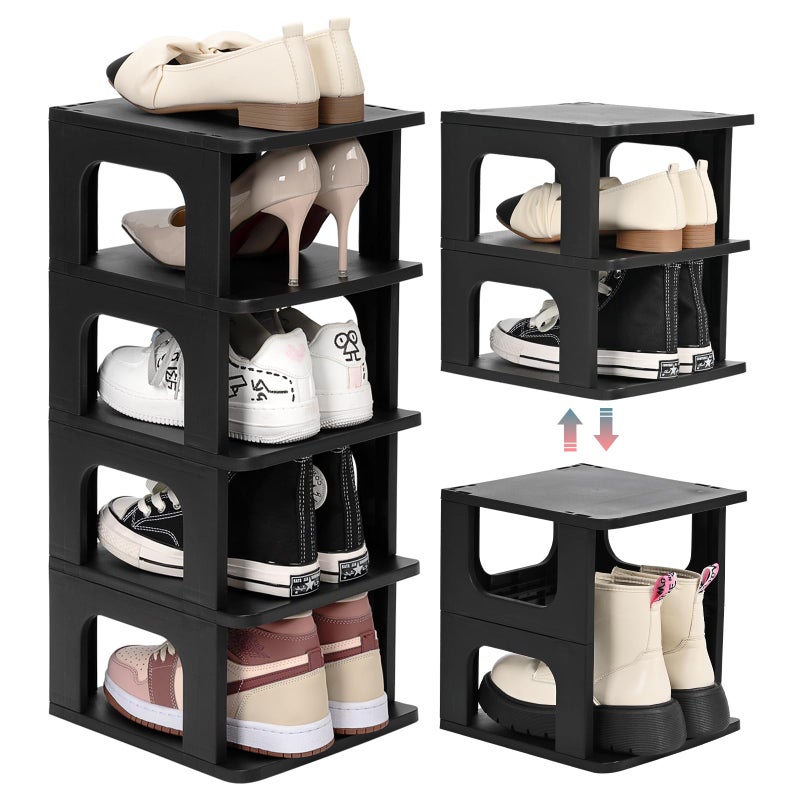 TRZZ 5-Tier Small Shoe Rack, Vertical Narrow Stackable Organizer with Removable Partition, Efficient Shoe Storage for Closet, Entryway, and Small Spaces (Black) - Image 1