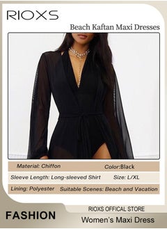 RIOXS Women's Beach Maxi Dress Cardigan Long Sleeve Open Front Bikini Swimsuit Cover Ups With Drawstring  - Image 4