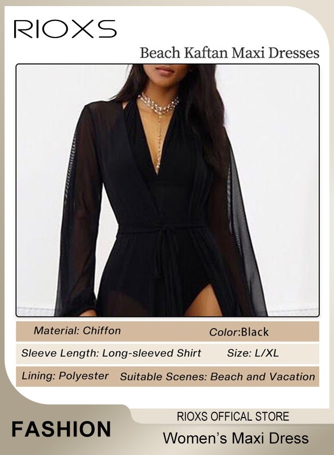 RIOXS Women's Beach Maxi Dress Cardigan Long Sleeve Open Front Bikini Swimsuit Cover Ups With Drawstring  - Image 4