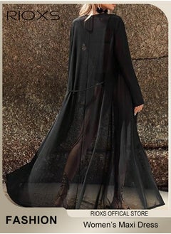 RIOXS Women's Beach Maxi Dress Cardigan Long Sleeve Open Front Bikini Swimsuit Cover Ups With Drawstring  - Image 5
