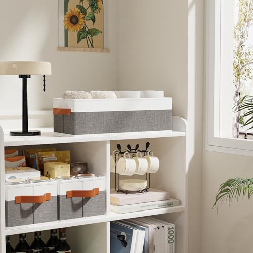 YheenLf Collapsible Storage Bins 3-Pack, Foldable Baskets for Organizing, Clothes Boxes with Handles, Fabric Cubes Containers, White and Gray, 15 x 6 x 5 Inch - Image 3