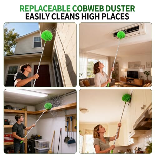 FAMYLI Cobweb Duster with Extension Pole, Washable Cleaning Duster Kit with 3 Duster Heads, Cobweb Duster, Corner Brush, Aluminum Telescoping Pole for high Ceiling Fan，Spider Web Brush with Extension Pole - Image 4