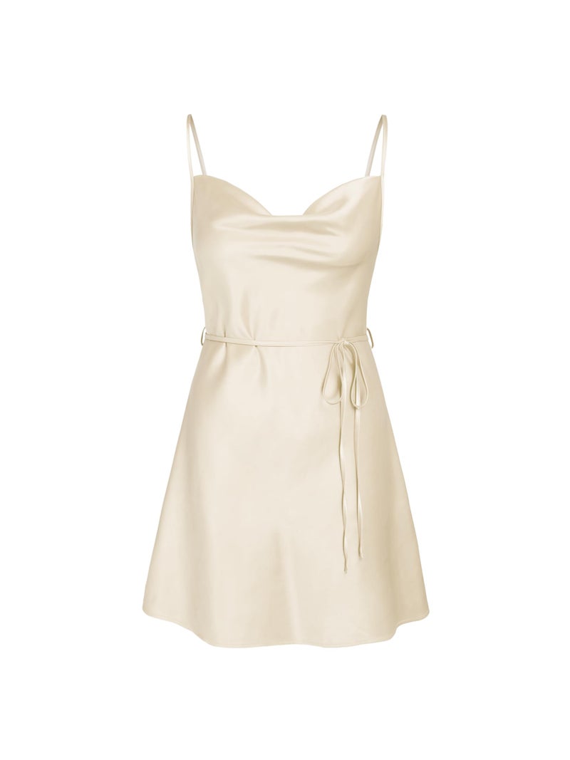 CIDER Women Summer 2025 Wedding Guest Cocktail Dresses Solid Satin Cowl Neck Cami Mini Dress Beige