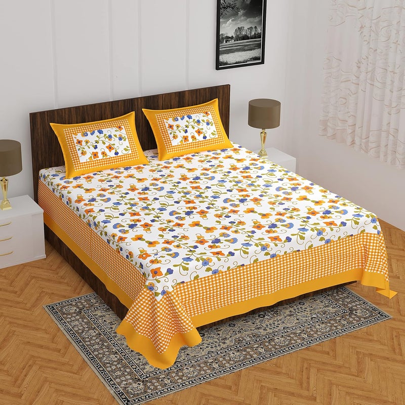 EarlyMart Cotton Rajasthani Jaipuri Traditional Floral King Size Double Bedsheet with 2 Pillow Covers Yellow3 - Image 2