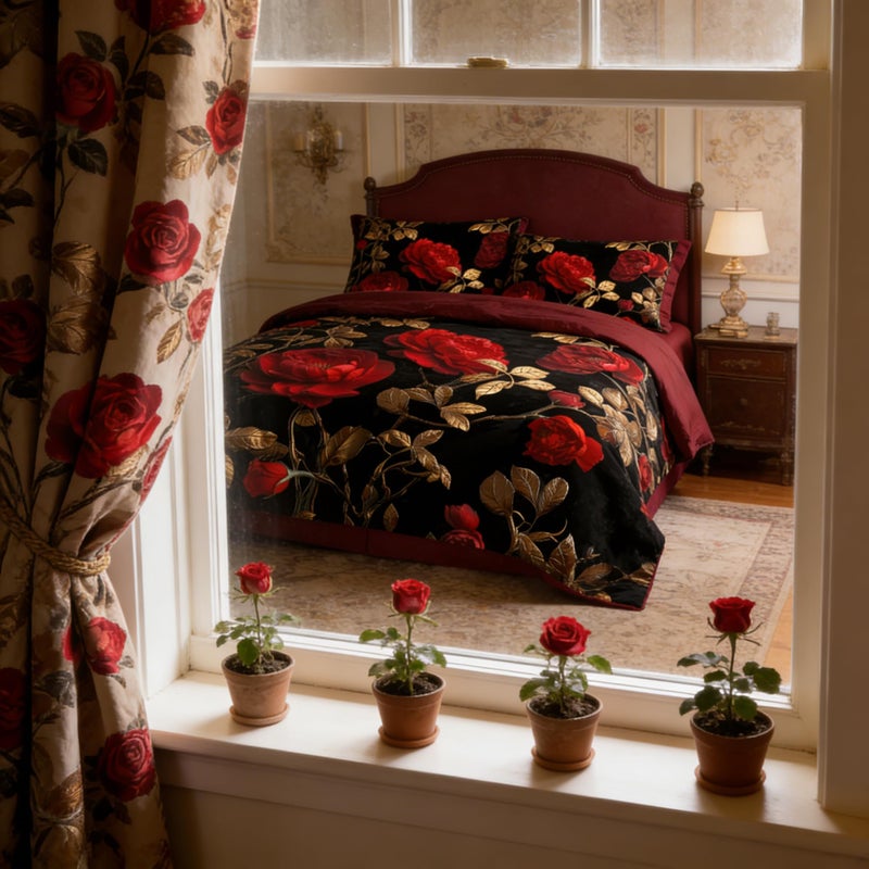 CCoutueChen Black Red Roses Comforter Set King Size, Vintage Gothic Floral Bedding on Burgundy Backround - 3Pcs Romantic Microfiber Quilted Set with 2 Pillowcases for All Season, 104"x90" - Image 5
