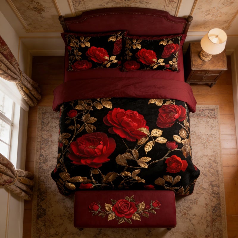 CCoutueChen Black Red Roses Comforter Set King Size, Vintage Gothic Floral Bedding on Burgundy Backround - 3Pcs Romantic Microfiber Quilted Set with 2 Pillowcases for All Season, 104"x90" - Image 4