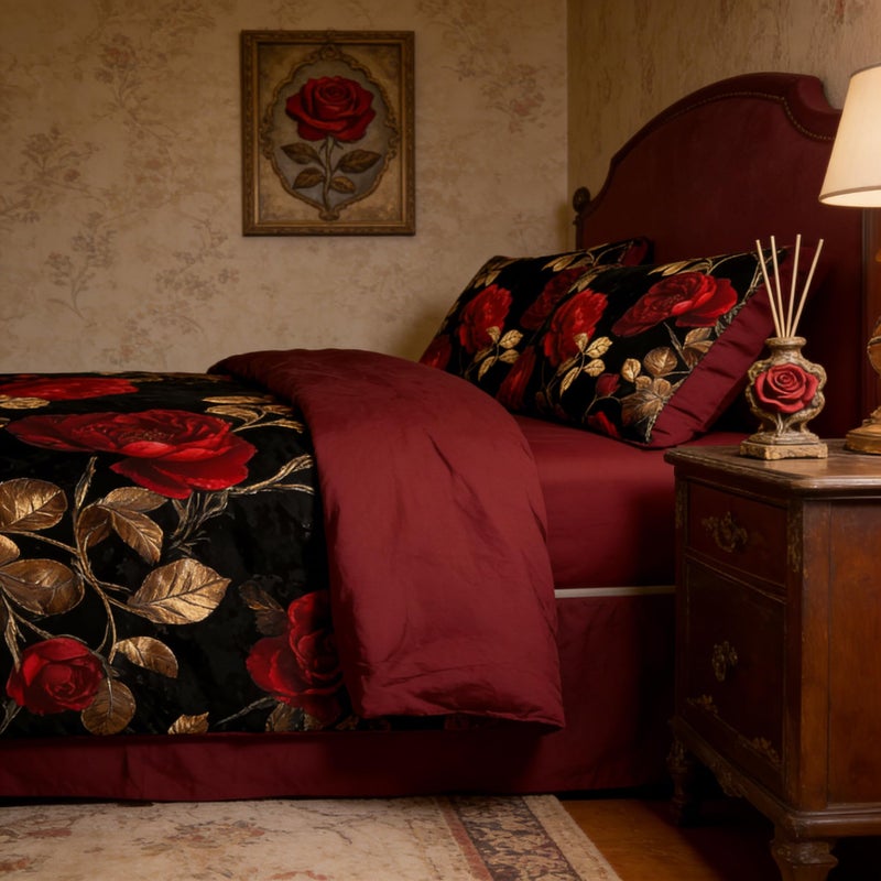 CCoutueChen Black Red Roses Comforter Set King Size, Vintage Gothic Floral Bedding on Burgundy Backround - 3Pcs Romantic Microfiber Quilted Set with 2 Pillowcases for All Season, 104"x90" - Image 2