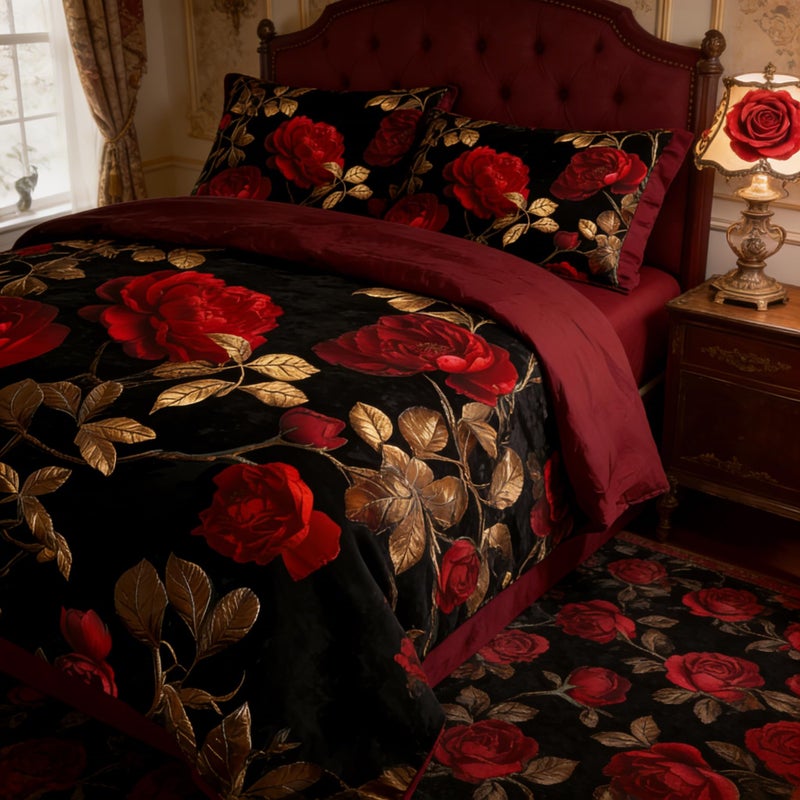 CCoutueChen Black Red Roses Comforter Set King Size, Vintage Gothic Floral Bedding on Burgundy Backround - 3Pcs Romantic Microfiber Quilted Set with 2 Pillowcases for All Season, 104"x90" - Image 1