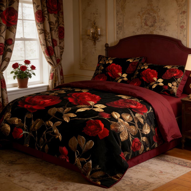 CCoutueChen Black Red Roses Comforter Set King Size, Vintage Gothic Floral Bedding on Burgundy Backround - 3Pcs Romantic Microfiber Quilted Set with 2 Pillowcases for All Season, 104"x90" - Image 3