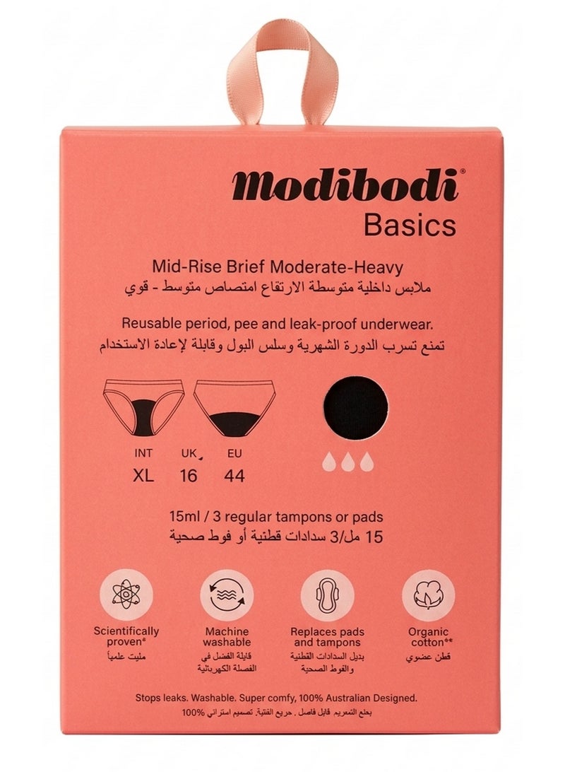 Modibodi Basic Mid Rise Brief Moderate Heavy Reusable Period & Leak Proof Underwear Made With Organic Cotton 16 XL Black - Image 1