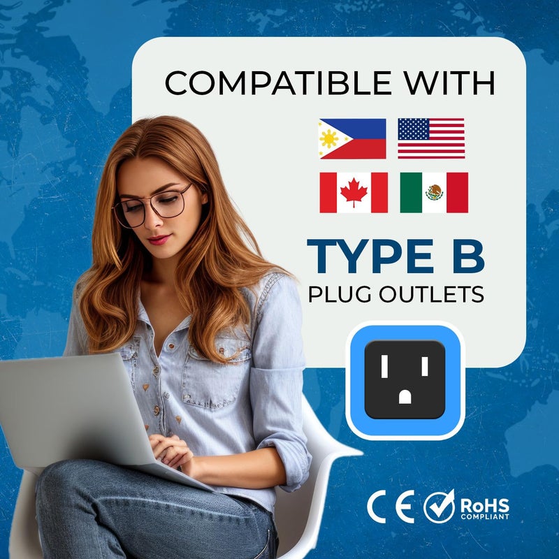 OREI OREI USA Travel Adapter Japan Philippines Canada Travel Plug India to USA Converter Plug 2 in 1 Type B Perfect for Laptop Camera Chargers CE RoHS 2 Pack Black 5 Years Warranty  - Image 5