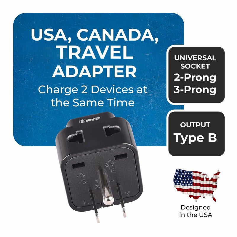 OREI OREI USA Travel Adapter Japan Philippines Canada Travel Plug India to USA Converter Plug 2 in 1 Type B Perfect for Laptop Camera Chargers CE RoHS 2 Pack Black 5 Years Warranty  - Image 2