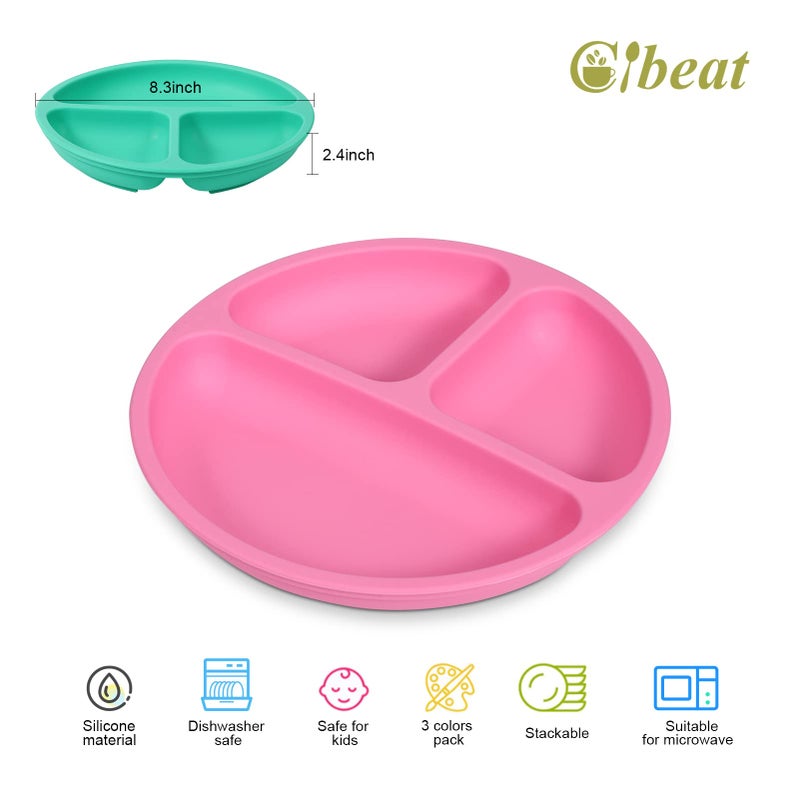 Cibeat Toddler Plates with Suction, 3pcs Soft Silicone Divided Plates, Portable and Safe for Kids, Dishwasher, Microwave and Oven Safe - Image 2