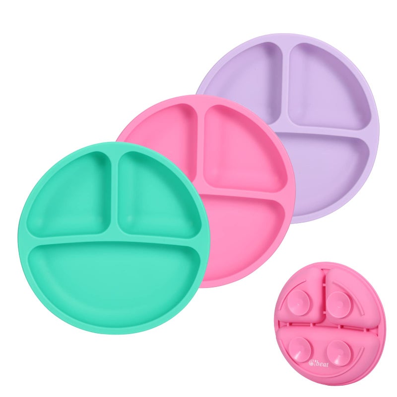 Cibeat Toddler Plates with Suction, 3pcs Soft Silicone Divided Plates, Portable and Safe for Kids, Dishwasher, Microwave and Oven Safe - Image 1