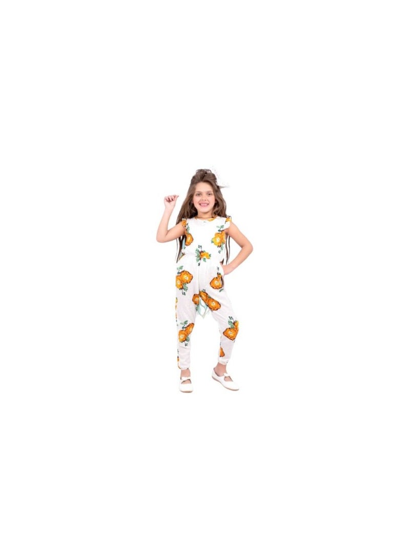 Girls' white jumpsuit with a drawing on it 