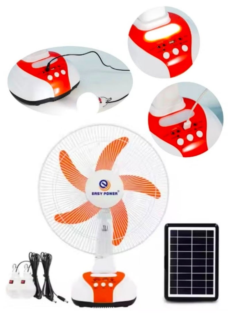 Easy Power Fan, 5 solar-powered blades, with a solar panel, and 2 LED lights, equipped with a giant internal battery and a USB port for charging the phone and various devices - Image 1