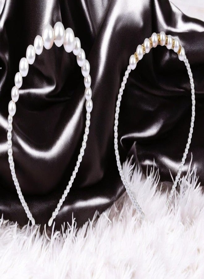 NEOBABY Fashion Pearl Headbands,White Faux Rhinestones Hairbands Bridal Hair Hoop Wedding Hair Accessories Pearl Headbands for Women Girls (PACK OF 2 PCS) - Image 2