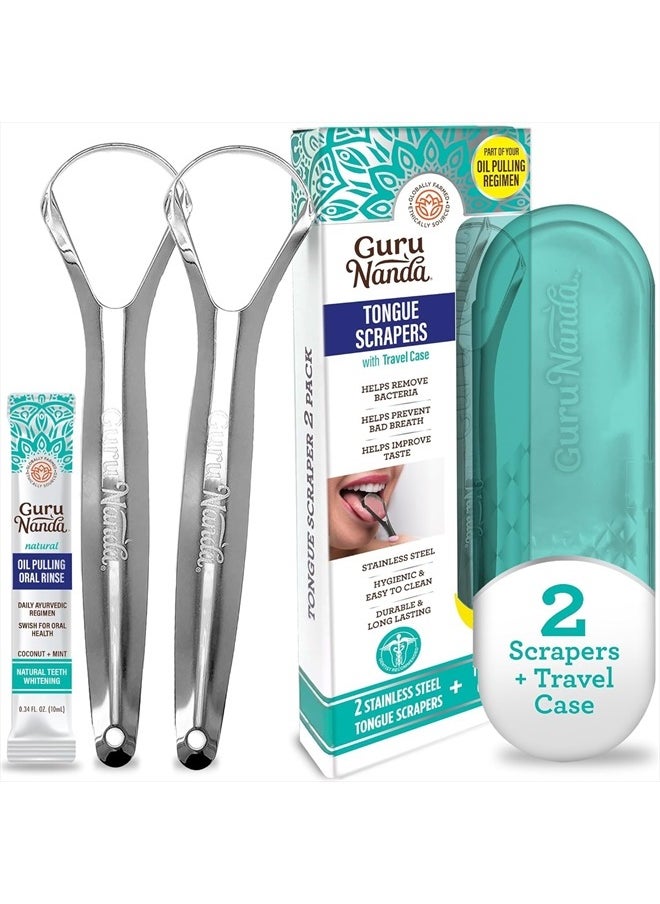 GuruNanda Stainless Steel Tongue Scraper (Pack of 2), Fight Bad Breath, Medical Grade 100% Stainless Steel Tongue Cleaner, Tongue Scraper For Adults and Kids, Great For Oral Care, Travel Friendly  - Image 1