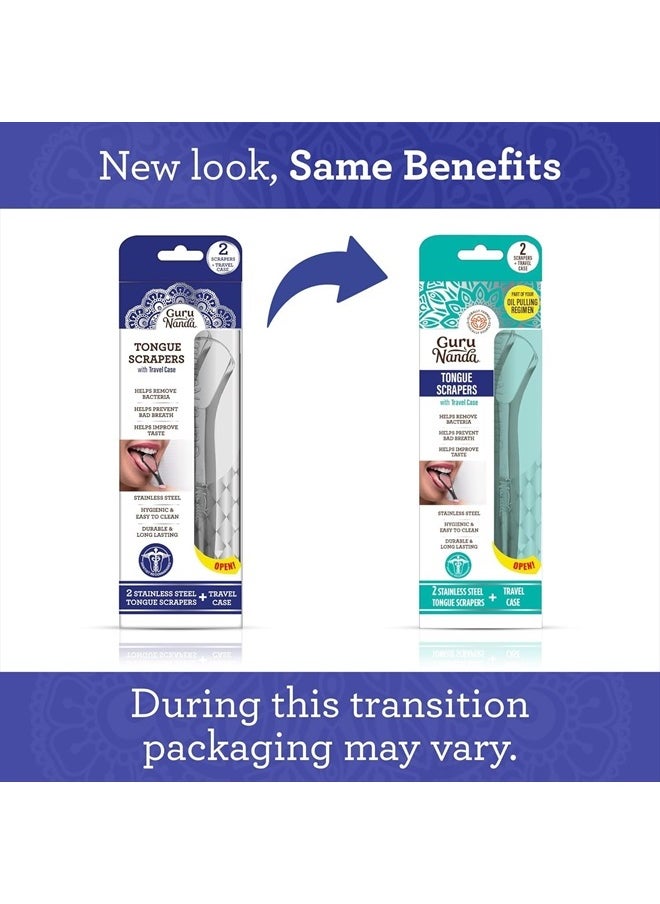 GuruNanda Stainless Steel Tongue Scraper (Pack of 2), Fight Bad Breath, Medical Grade 100% Stainless Steel Tongue Cleaner, Tongue Scraper For Adults and Kids, Great For Oral Care, Travel Friendly  - Image 2