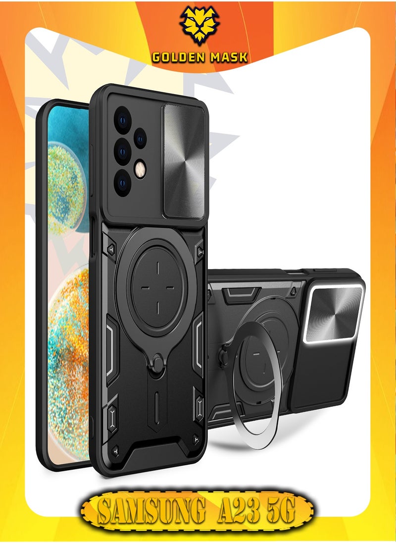 جولدن ماسك جولدن ماسك لهاتف سامسونج جالاكسي اية 23/ اية 23 5جى (Samsung Galaxy A23/A23 5G) جراب حماية مع باب جرار لحماية عدسة  الكاميرا المدرعة مدمج بزاوية 360 درجة - (اسود) 