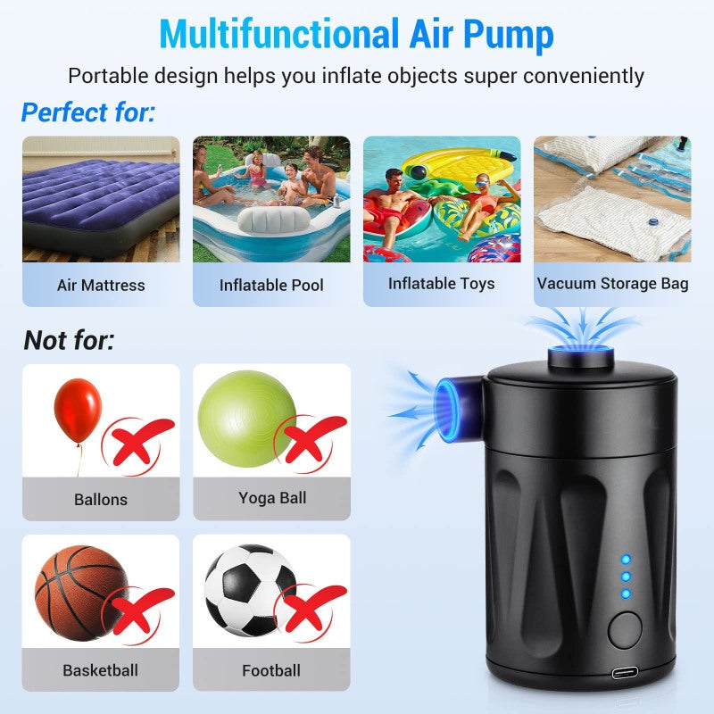 Rechargeable Electric Air Pump: 5000Pa Pressure 450L/Min Wind Speed - 4 Nozzles Mini Portable Inflator for Outdoor Camping, Hiking, Beach & Indoor Storage - Image 5