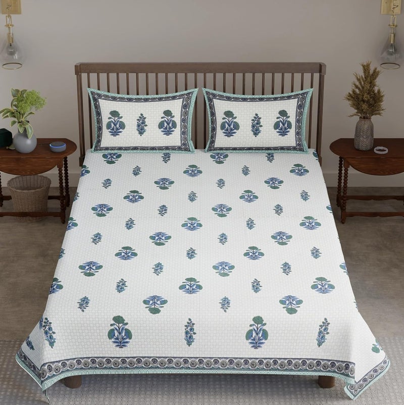 Touch Of Home Touch Of Home 100 Cotton King Size Bedsheet for Double Bed 1 Cotton Bed Sheet 102 X 102 Inches with 2 Pillow Covers 200 Tc Bed Sheet Hand Block Printed Blue 