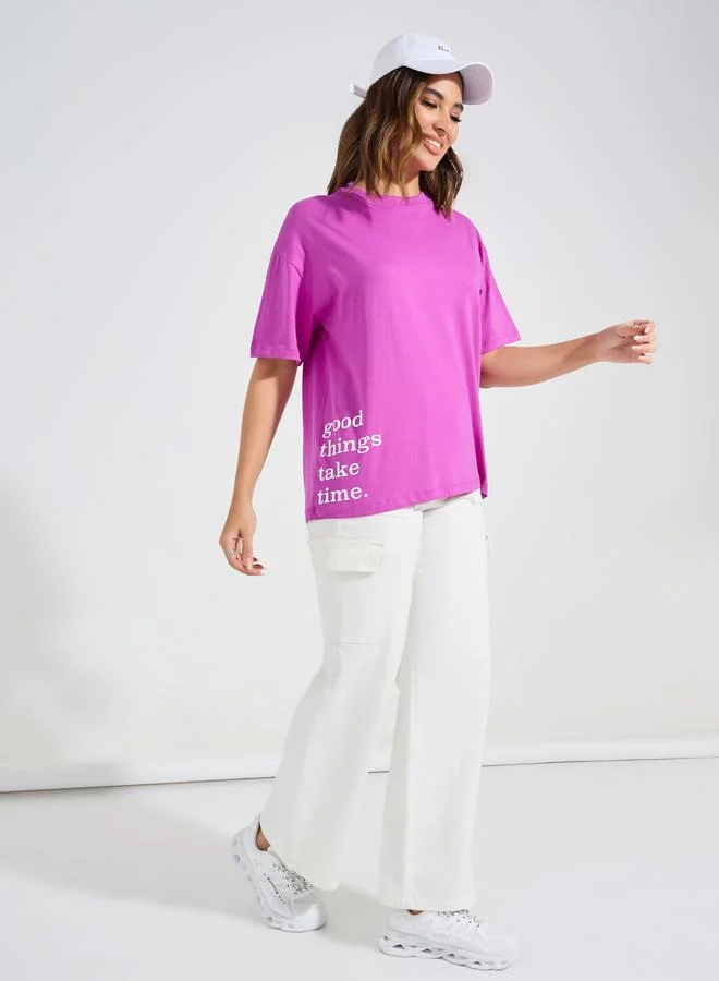 ستايلي Oversized Slogan Print Longline T-Shirt