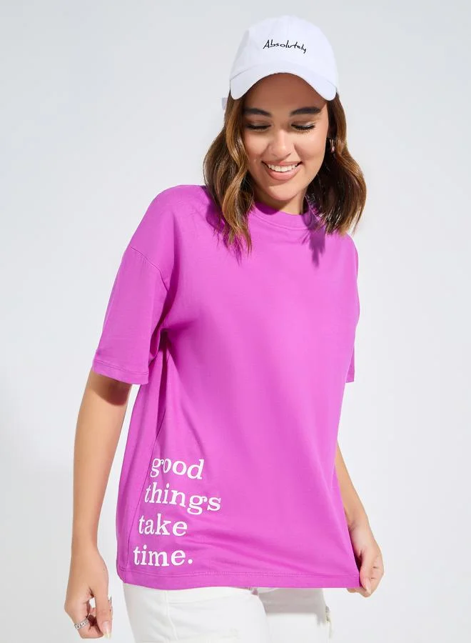 ستايلي Oversized Slogan Print Longline T-Shirt
