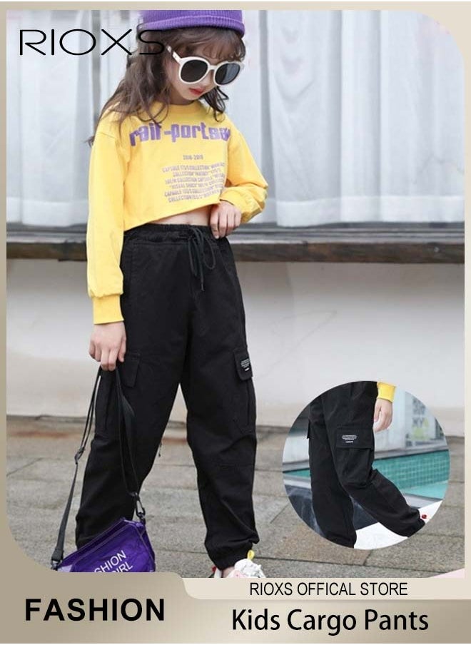 RIOXS Kids Cotton Jogger Cargo Pants, Drawstring Elastic Waist Long Pants, Skin-friendly Cargo Trousers, Multifunctional Fashionable Sports Trousers, Easy to Match with Various Tops to Create Versatile Look  - Image 1