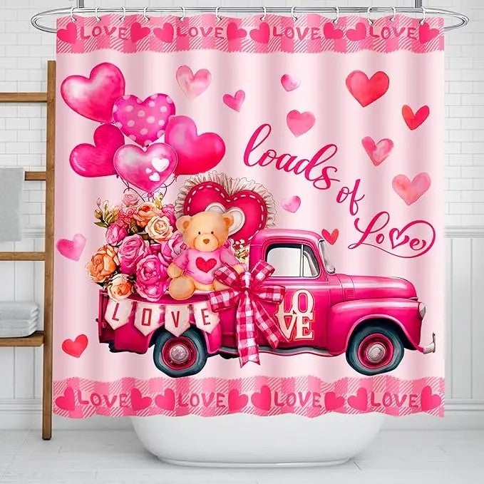 Y&D 4 Pcs Happy Valentine's Day Shower Curtain Set with Non Slip Rugs Toilet Lid Cover Bath Mat U Shaped Mat Bathroom Curtain - Image 1