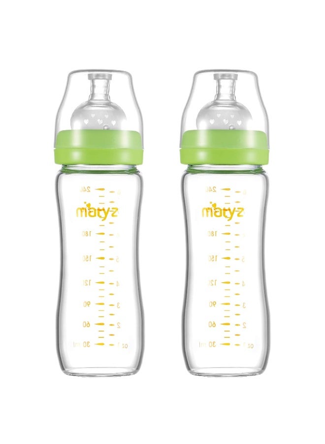 Matyz Glass Breastmilk Baby Feeding Bottle with Nipple, 2 Pack, 8 oz Slim and Light Bottle Easy to Hold, Food Grade Borosilicate Glass, Wide Neck Easy to Clean, No BPA (Green Lids) - Image 1