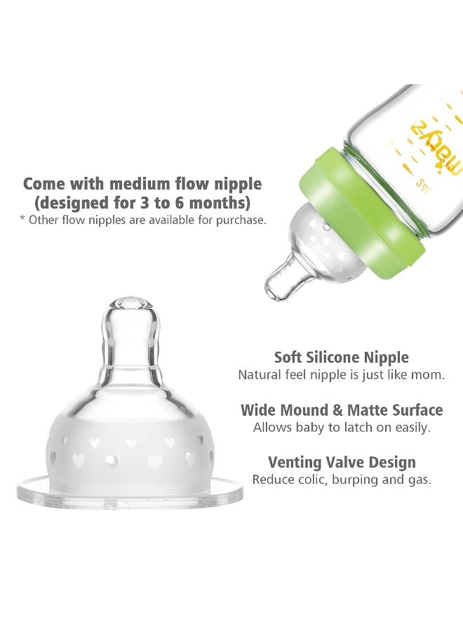 Matyz Glass Breastmilk Baby Feeding Bottle with Nipple, 2 Pack, 8 oz Slim and Light Bottle Easy to Hold, Food Grade Borosilicate Glass, Wide Neck Easy to Clean, No BPA (Green Lids) - Image 4