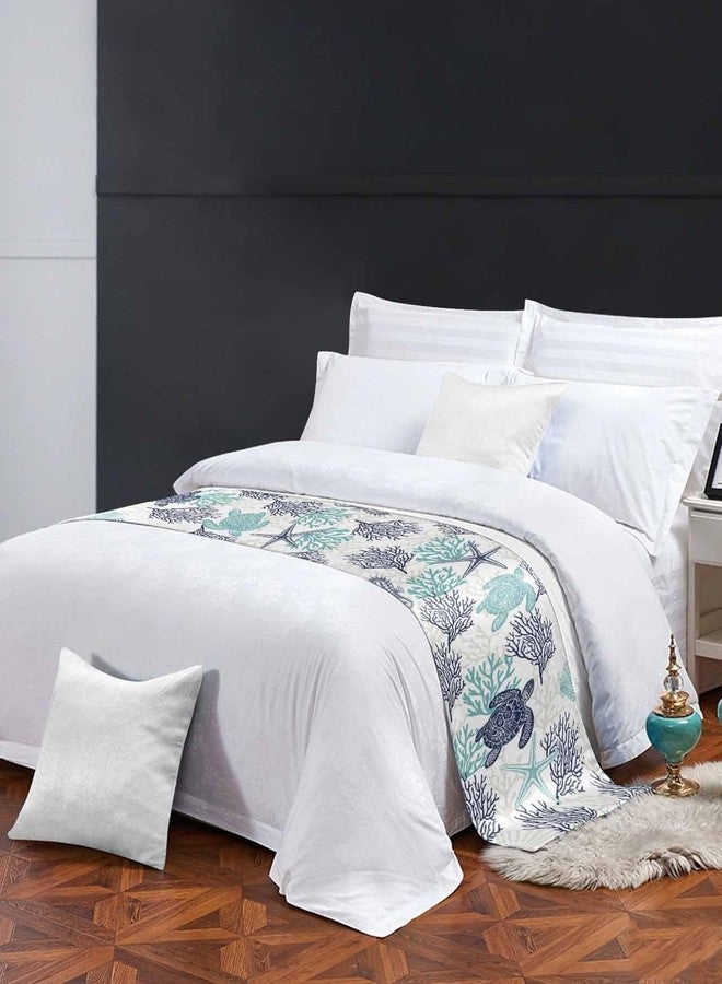 Homechoid Teal Blue Coastal Bed Runner for Twin Size Bed, Bedspread Protector Slipcover Bed Scarf for Foot Bed Runners & Scarves for Bedroom Hotel Wedding Room 71x20 Sea Turtle Nautical Coral Summer Beach - Image 3