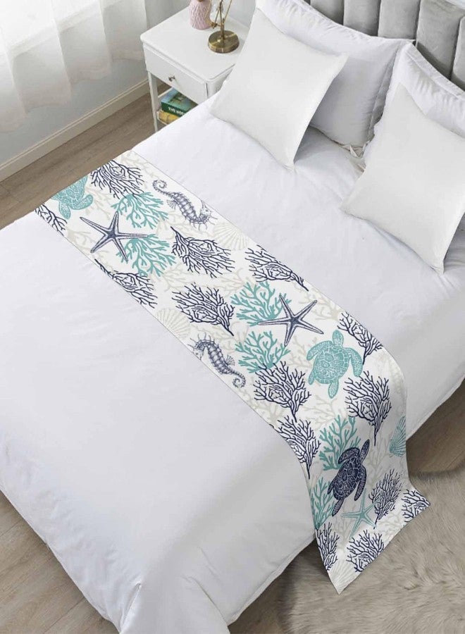 Homechoid Teal Blue Coastal Bed Runner for Twin Size Bed, Bedspread Protector Slipcover Bed Scarf for Foot Bed Runners & Scarves for Bedroom Hotel Wedding Room 71x20 Sea Turtle Nautical Coral Summer Beach - Image 1