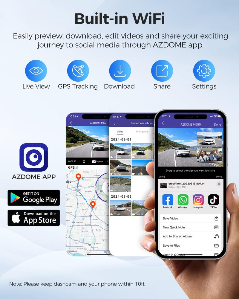 AZDOME M550 3 Channel Dash Cam, 4K+2.5K Dual Dash Camera for Cars Built-in WiFi GPS, 1440P+1080P+1440P Front and Rear Inside, 64GB Card Included, 3.19" IPS Screen, WDR, IR Night Vision, Parking Mode - Image 5