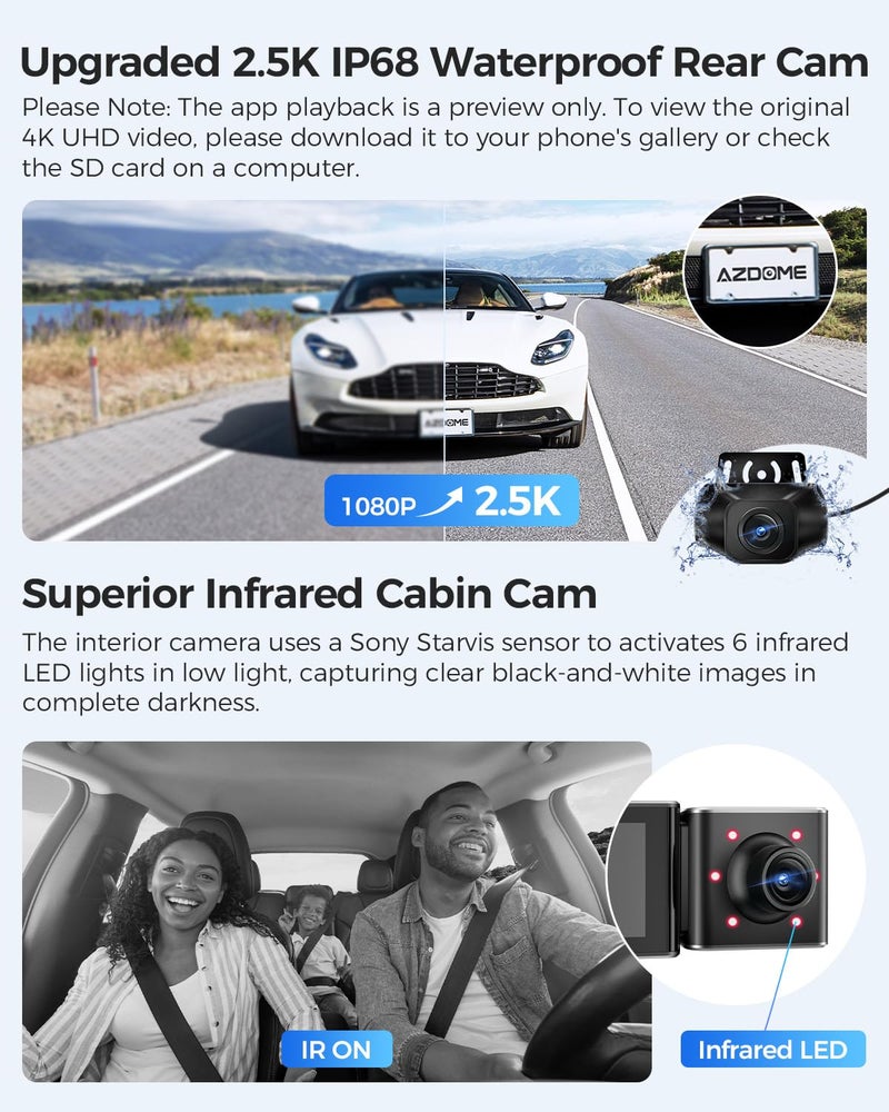 AZDOME M550 3 Channel Dash Cam, 4K+2.5K Dual Dash Camera for Cars Built-in WiFi GPS, 1440P+1080P+1440P Front and Rear Inside, 64GB Card Included, 3.19" IPS Screen, WDR, IR Night Vision, Parking Mode - Image 3