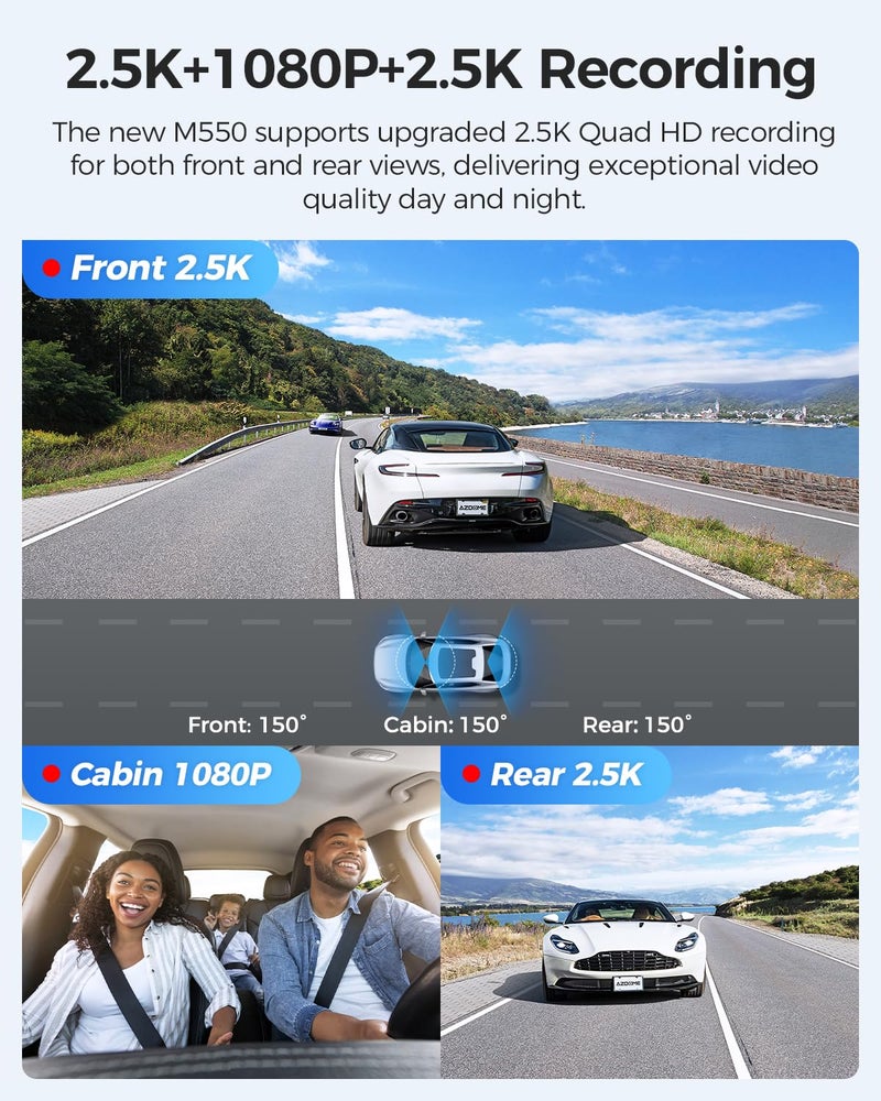 AZDOME M550 3 Channel Dash Cam, 4K+2.5K Dual Dash Camera for Cars Built-in WiFi GPS, 1440P+1080P+1440P Front and Rear Inside, 64GB Card Included, 3.19" IPS Screen, WDR, IR Night Vision, Parking Mode - Image 2