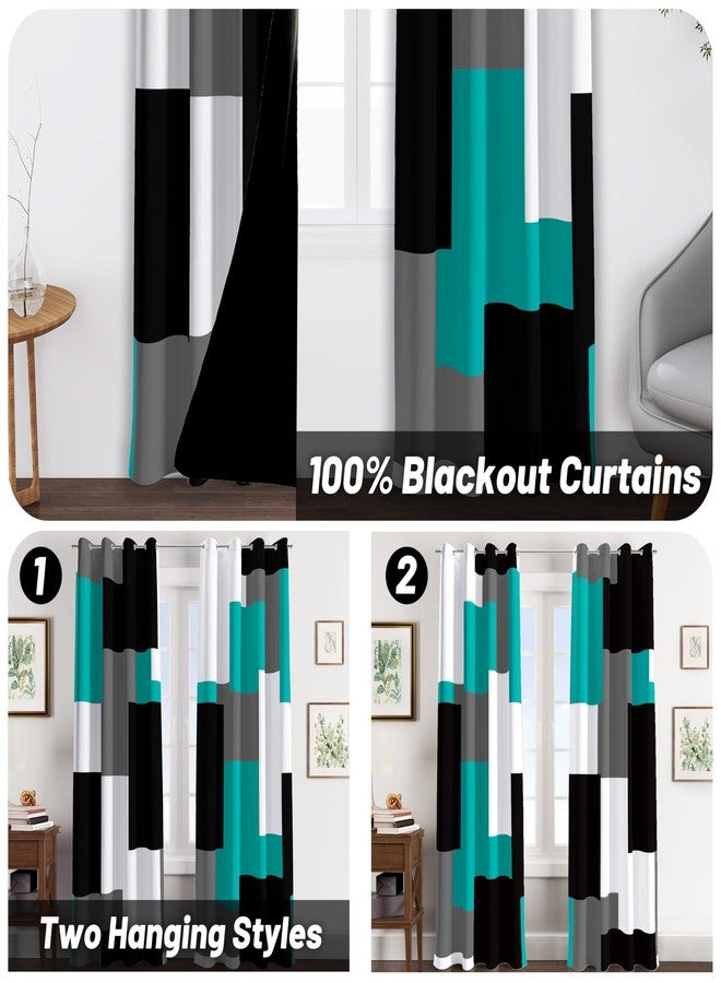 Tyrot Teal/Turquoise 100% Blackout Curtains for Bedroom 84 inch Length 2 Panels Set Black White Grey Modern Abstract Geometric Black Out Curtains Room Darkening Window Drapes for Living Room, 52Wx84L - Image 2