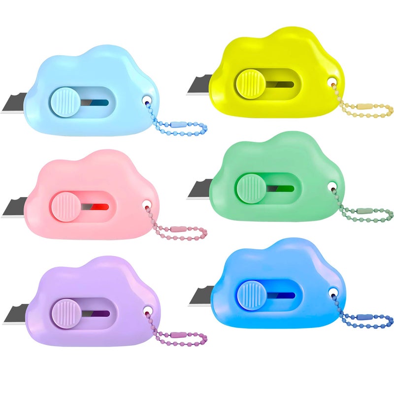 Muclip Cloud Shaped Retractable Box Cutter Set - 6 Pack with Key Rings,Stainless Steel Blade,Safe & Portable Letter Opener for Envelopes,Package,Mail,DIY,Paper Cutter for Home,Office,Outdoor (6 Color) - Image 1