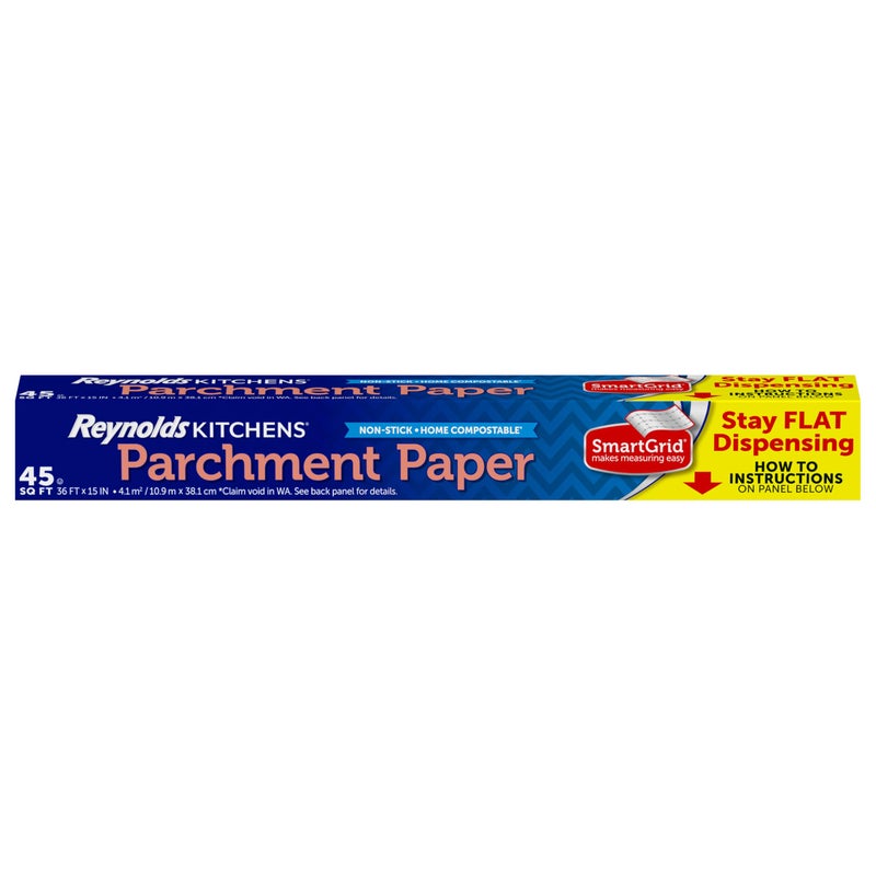 Reynolds Kitchens Stay Flat Dispensing Parchment Paper for Baking and Roasting Parchment Paper Roll Great for Baking and Rolling Dough Nonstick Reusable Up to 3x 45 Sq Ft