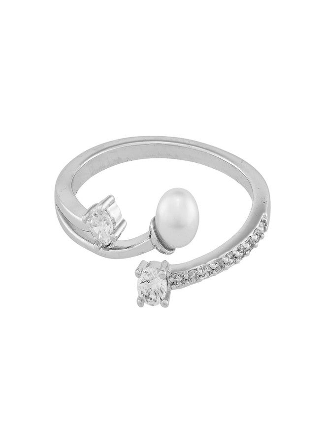 KUSHAL'S Fashion Jewellery Pearl Rodium Polished Copper Trendy Zircon Finger ring, Best for Casual Wear & Special Occasion - 455146 - Image 3