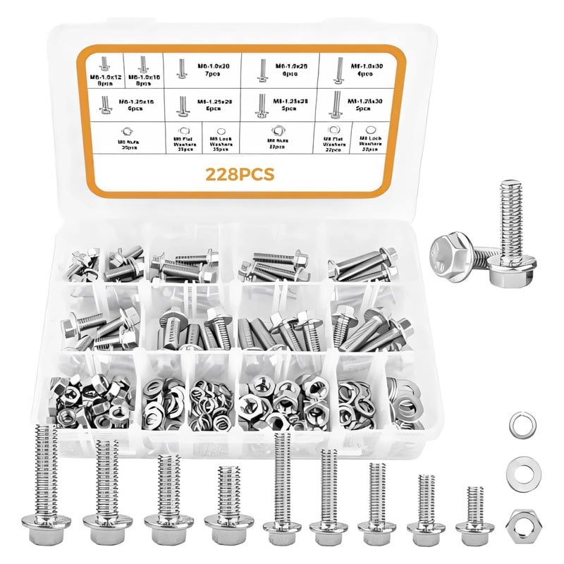 228 قطعة مجموعة تشكيلة صامولة برغي M6 M8 متري سداسي الشكل مع طوقة من الفولاذ المقاوم للصدأ - Image 2