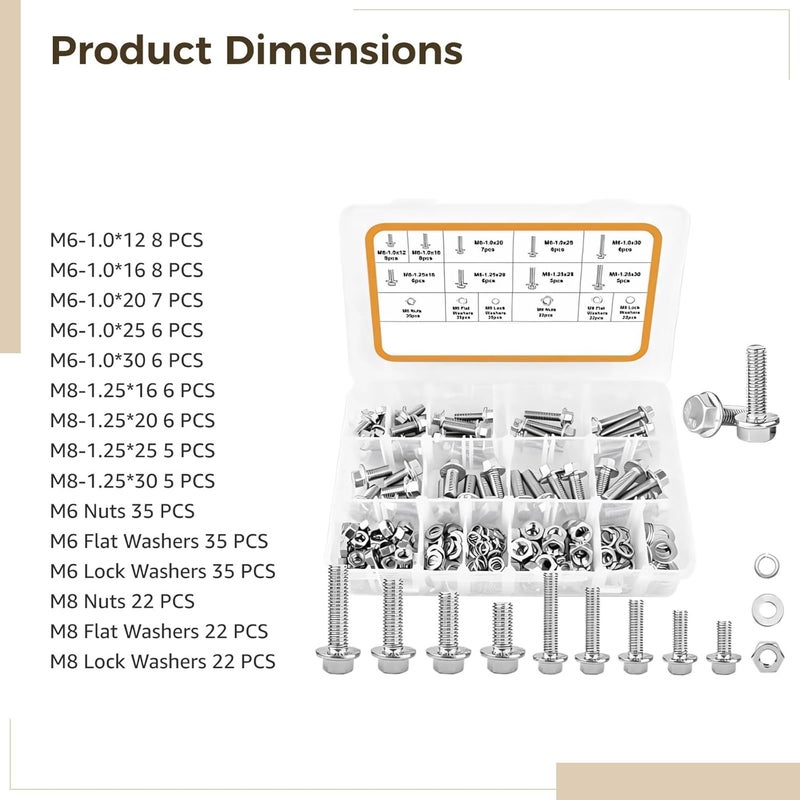 228 قطعة مجموعة تشكيلة صامولة برغي M6 M8 متري سداسي الشكل مع طوقة من الفولاذ المقاوم للصدأ - Image 5